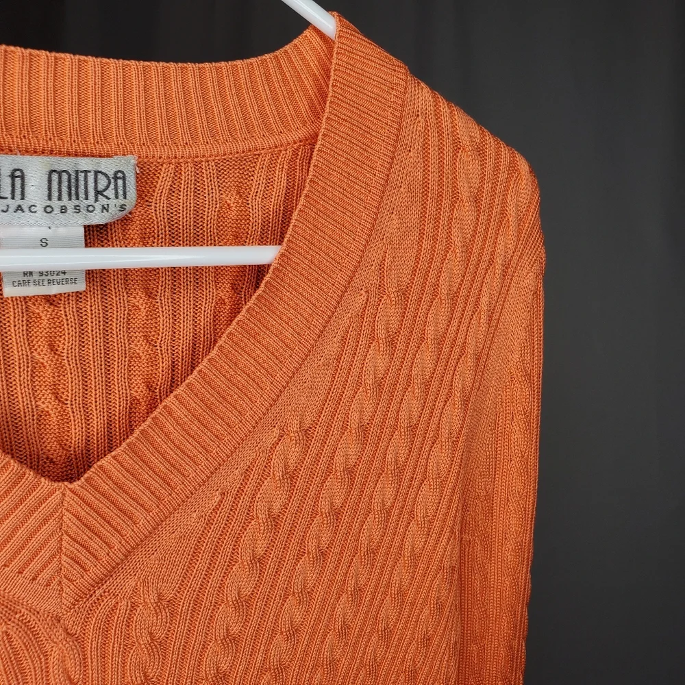 Leyla Mitra‎ Silk Cable Knit Sweater Womens Small Orange Vneck Vtg Quiet Luxury